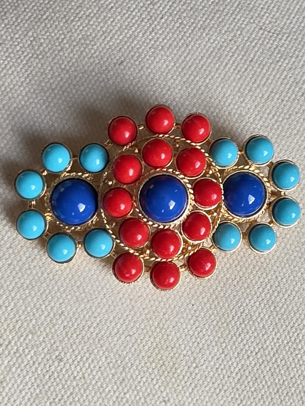 NEW BROOCH WITH TEAL RED AND COBALT BLUE